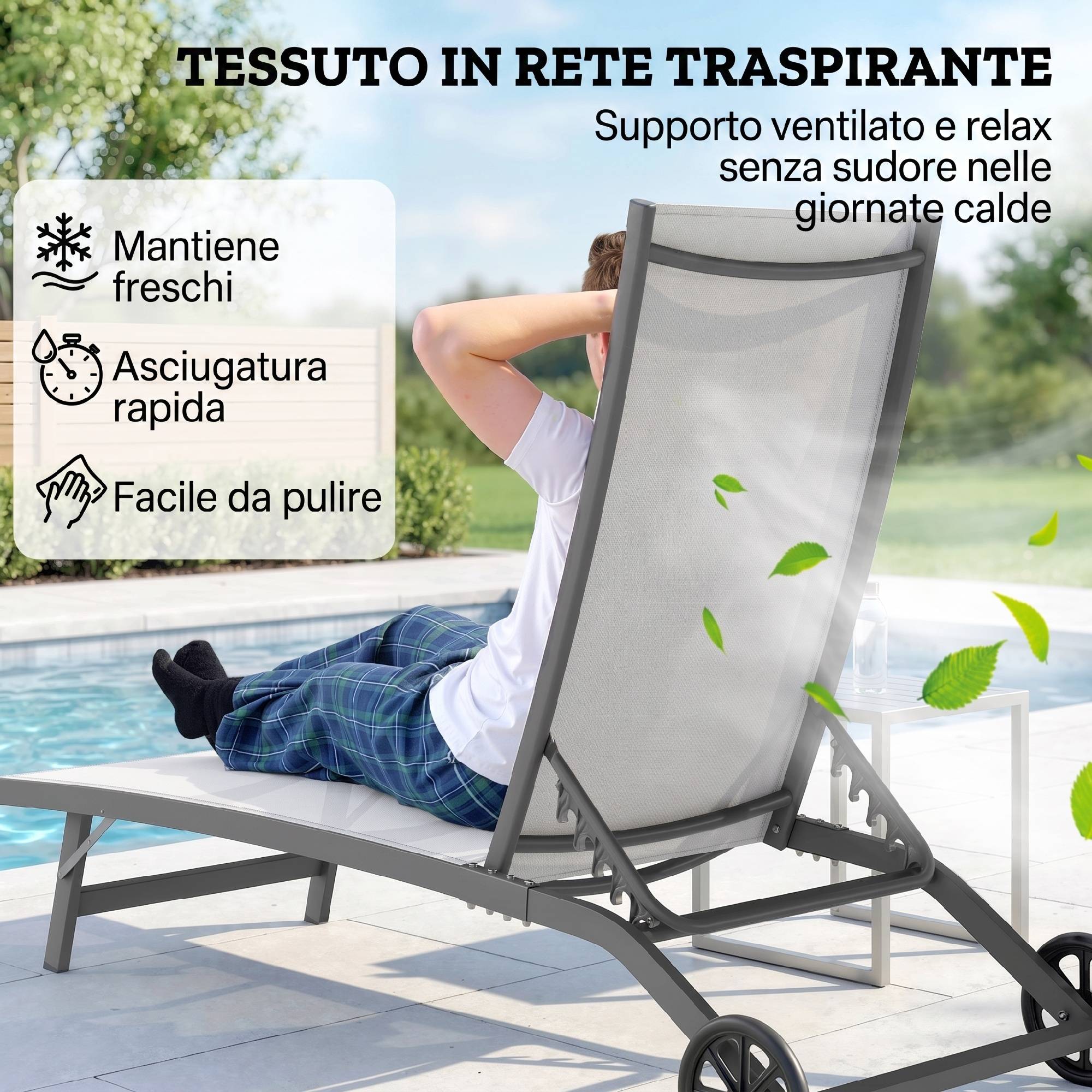 Lot de 2 transats dossier inclinable, aluminium et tissu respirant, 66x165x102 cm, crème - Image 9