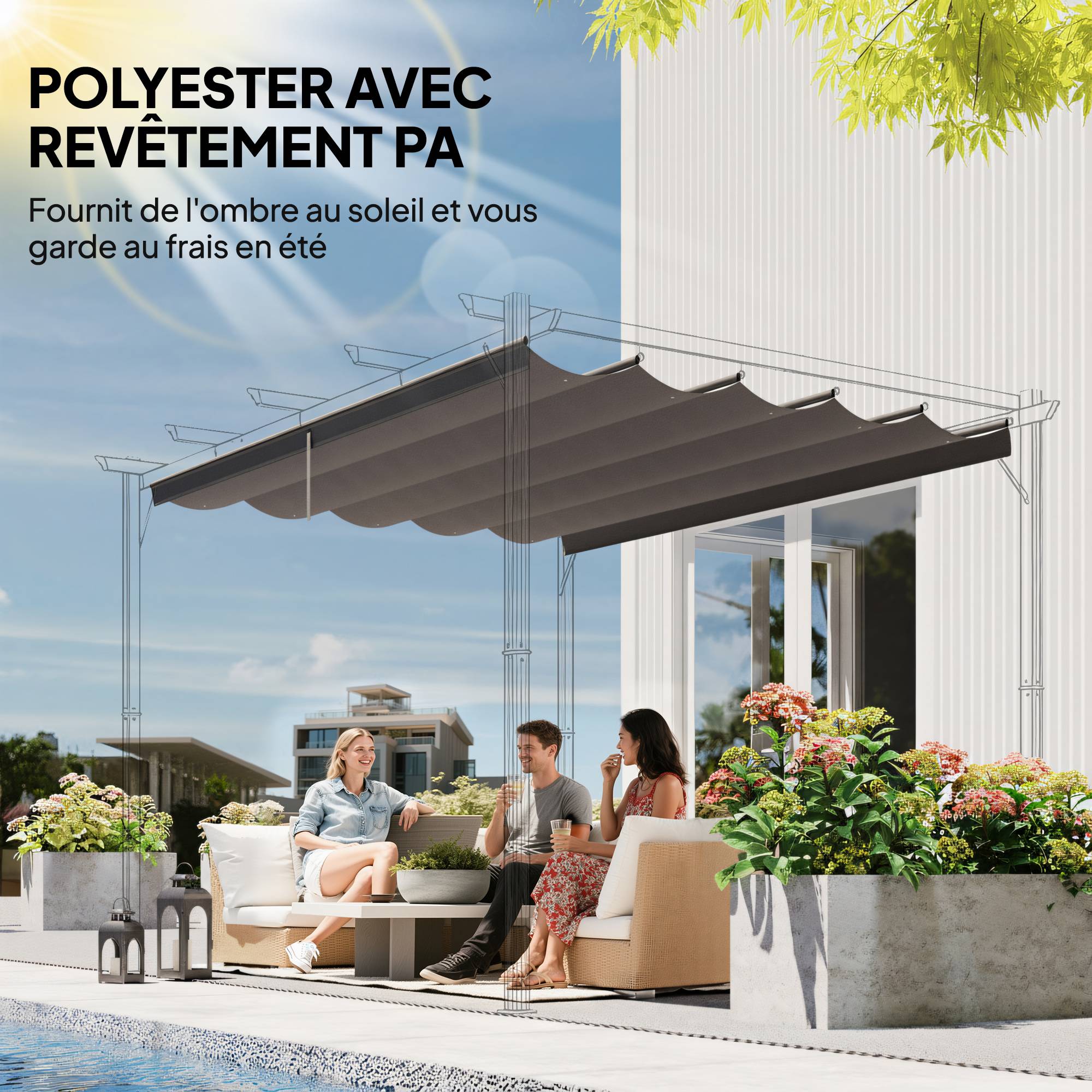 Toile de toit pour pergola tonnelle rétractable de 4 x 3 m - toile uniquement 350 x 260 cm gris clair - Image 7