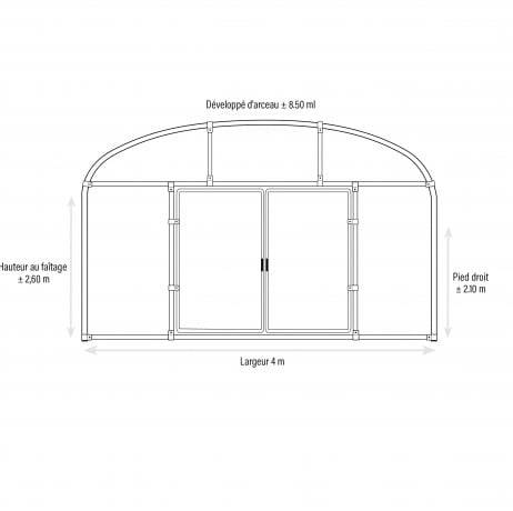 Plastidis - Serre tunnel Deschamps pieds droits larg 4 m pas à 1.50 m, L 6 m, type 200 microns diffusante Lumisol , Façade 2 portes simples, S - Imagen 6