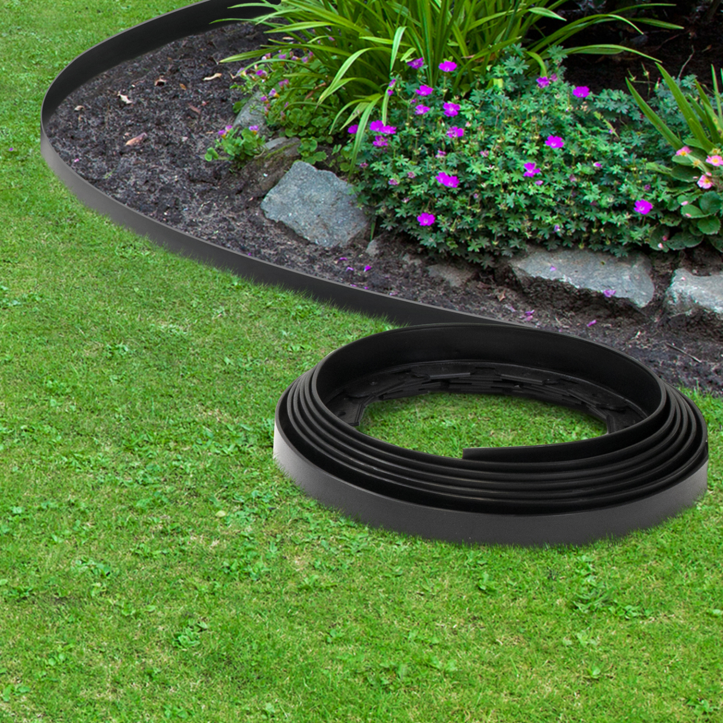 Bordurette de jardin flexible 10 M noire hauteur 5 CM + 30 piquets - Image 1