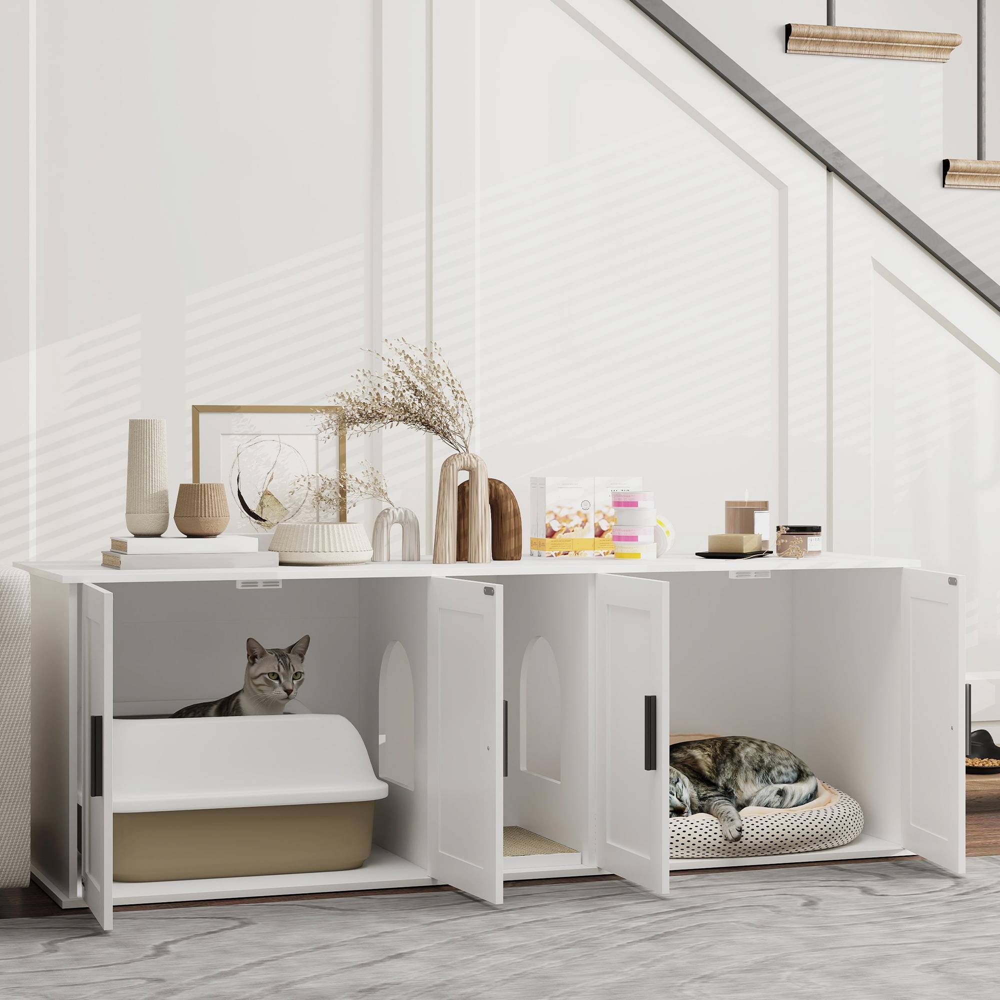 Meuble à litière pour chat, maison pour chat avec porte et cloison, pour grands chats, 145 x 49 x 51 cm, blanc - Image 3