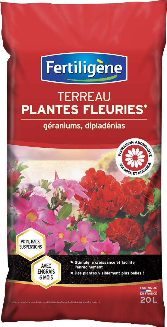 Fertiligène - Terreau plantes fleuries, géraniums, dipladénias 20L