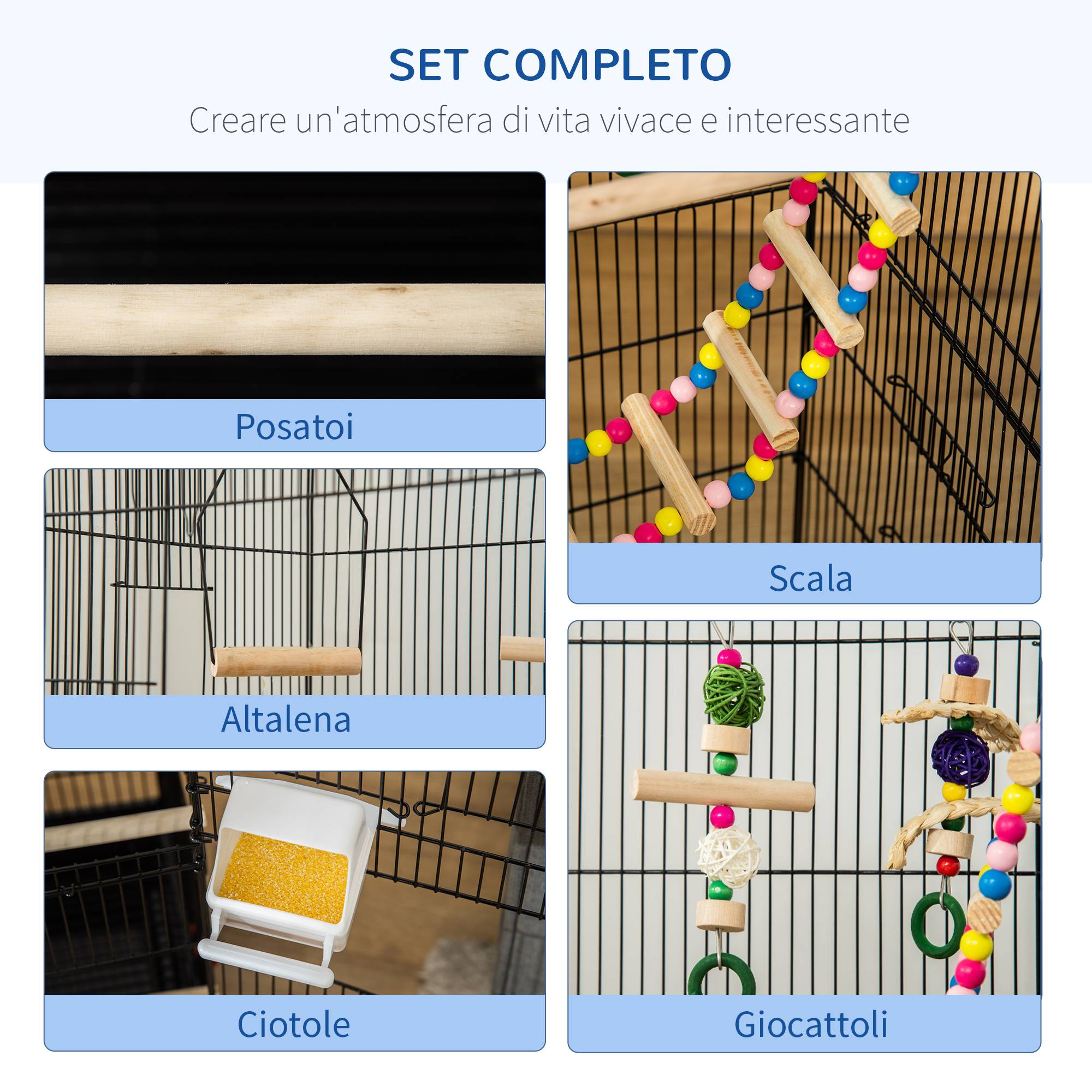 Cage pour oiseaux avec échelle, balançoire, mangeoires et jeux, en acier, PP et bois, 46x36x100 cm, noire - Image 6