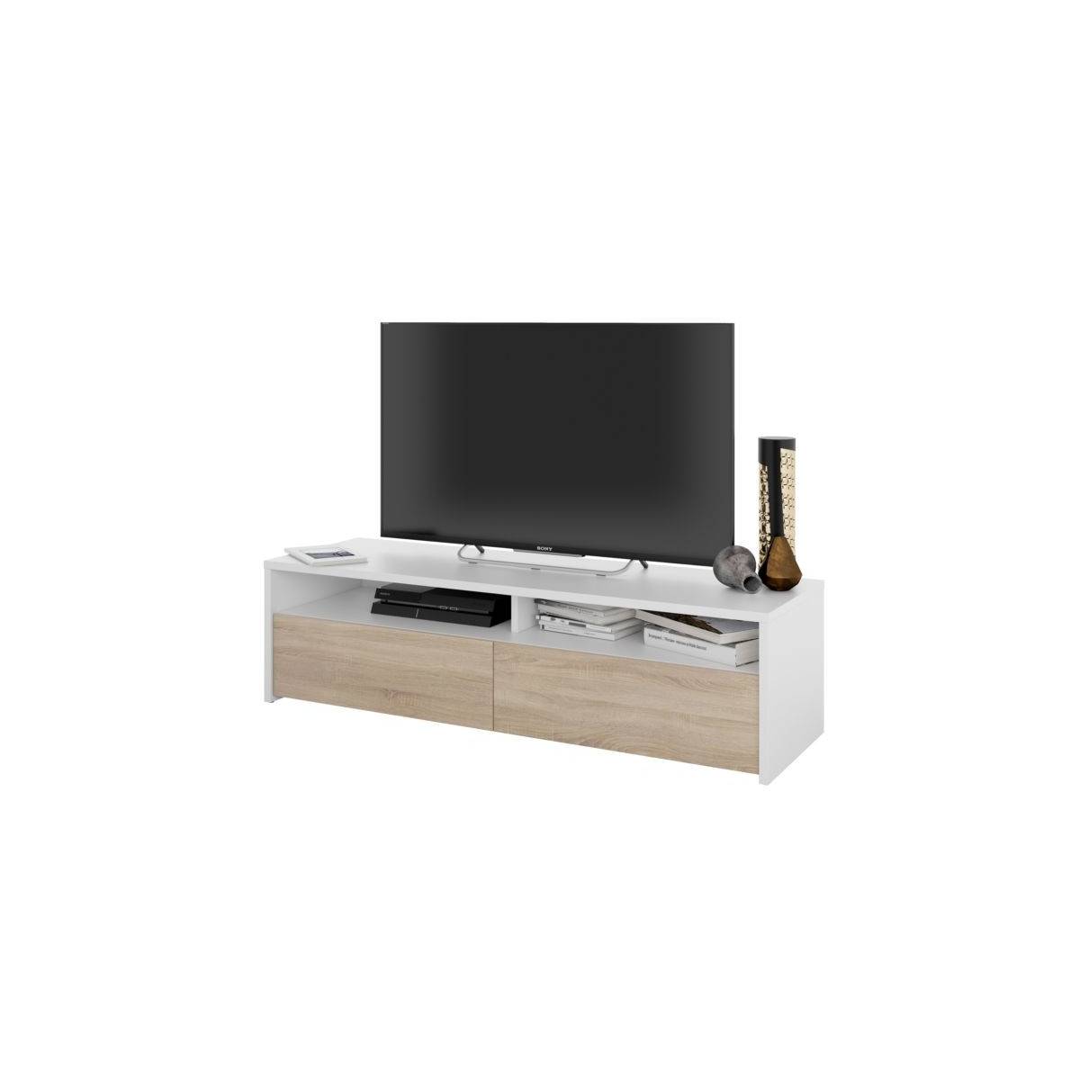 Meuble TV 2 Portes & 2 Niches "Juco" 130cm Blanc & Chêne - Image 2