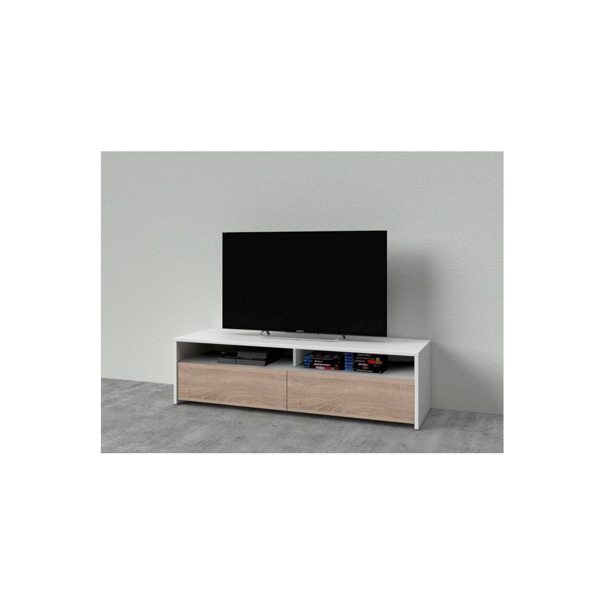Meuble TV 2 Portes & 2 Niches "Juco" 130cm Blanc & Chêne - Image 3