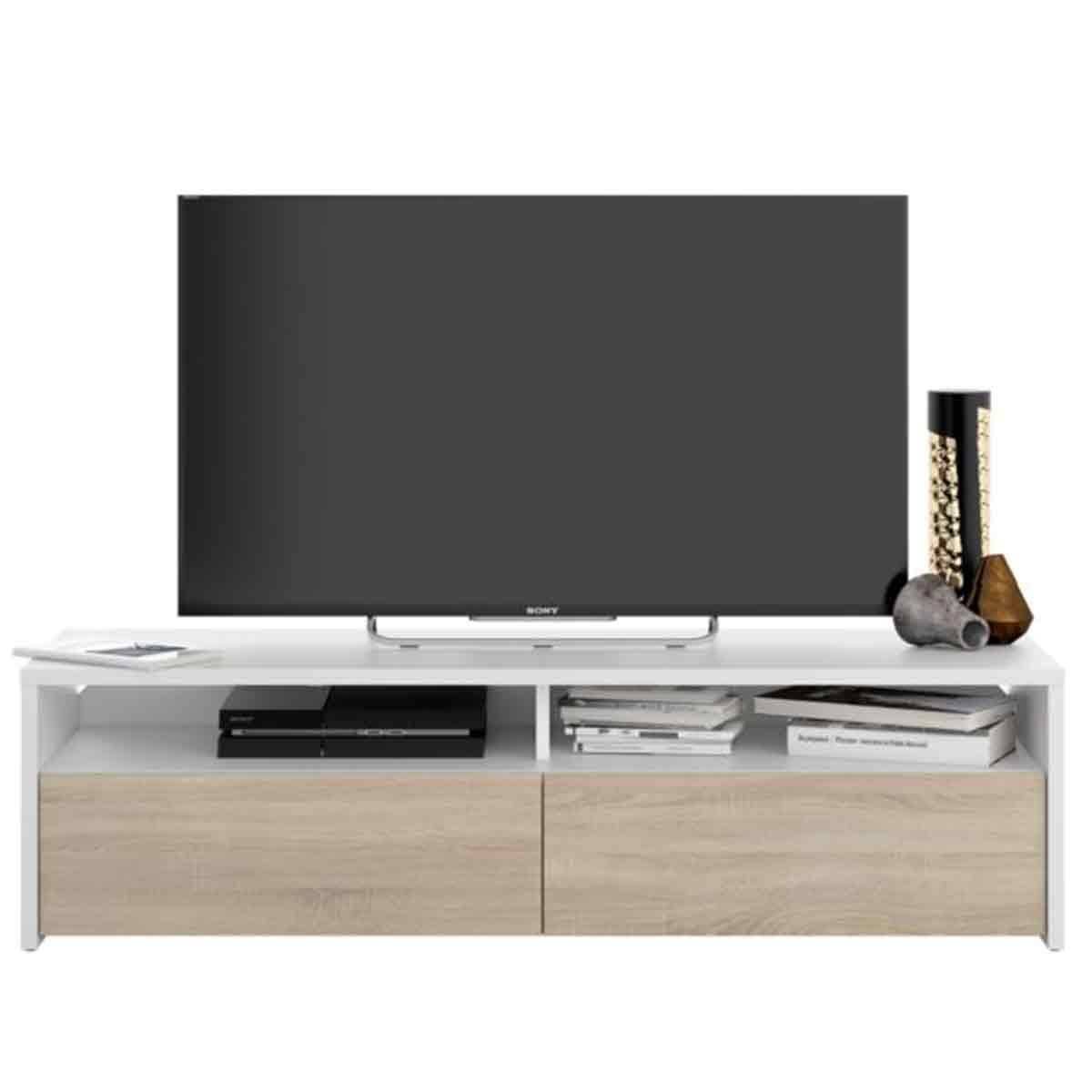 Meuble TV 2 Portes & 2 Niches "Juco" 130cm Blanc & Chêne - Image 1