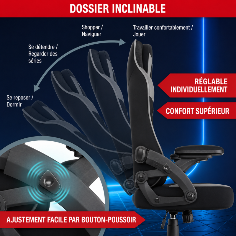 Chaise de bureau gaming Gris ergonomique coussin réglable 150kg  Roulettes universelles pivotant - Image 6