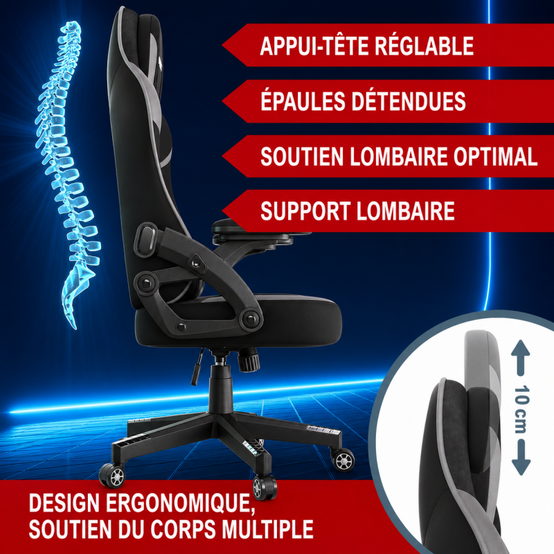 Chaise de bureau gaming Gris ergonomique coussin réglable 150kg Roulettes universelles pivotant - Image 5