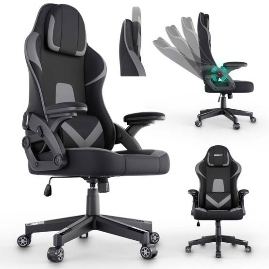 Chaise de bureau gaming Gris ergonomique coussin réglable 150kg Roulettes universelles pivotant - Image 1