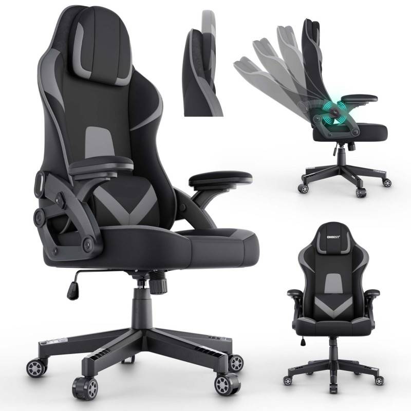 Chaise de bureau gaming Gris ergonomique coussin réglable 150kg  Roulettes universelles pivotant - Image 1