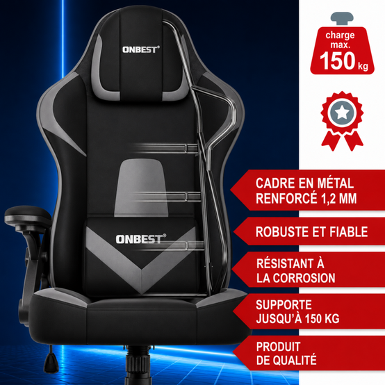 Chaise de bureau gaming Gris ergonomique coussin réglable 150kg Roulettes universelles pivotant - Image 4