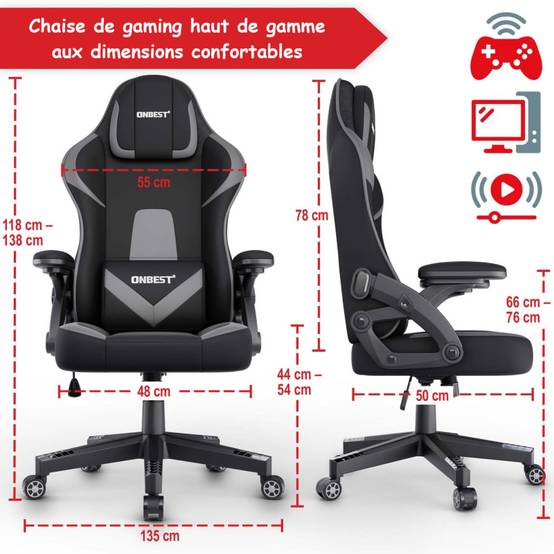 Chaise de bureau gaming Gris ergonomique coussin réglable 150kg Roulettes universelles pivotant - Image 2
