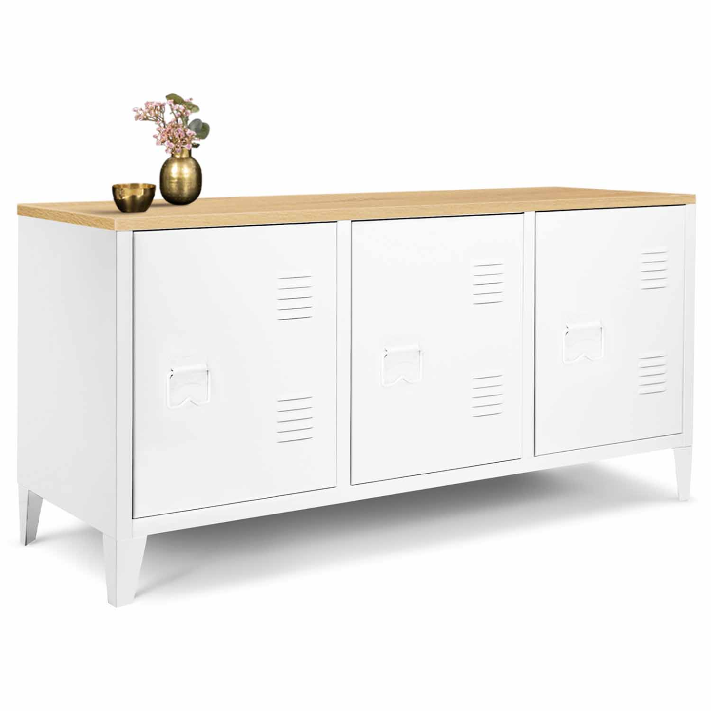 Buffet bas 113 cm ESTER 3 portes métal blanc plateau bois design industriel - Image 2