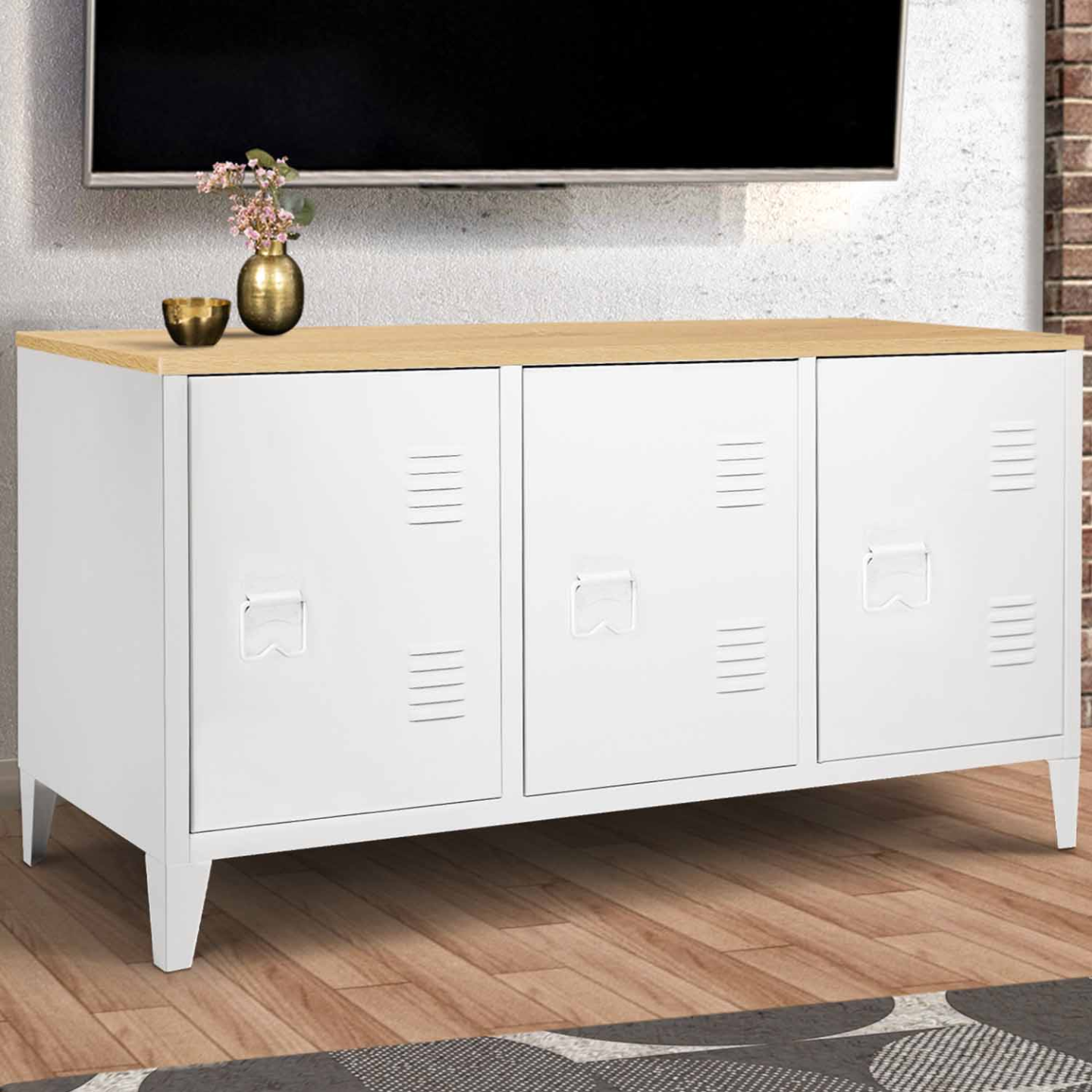 Buffet bas 113 cm ESTER 3 portes métal blanc plateau bois design industriel - Image 1