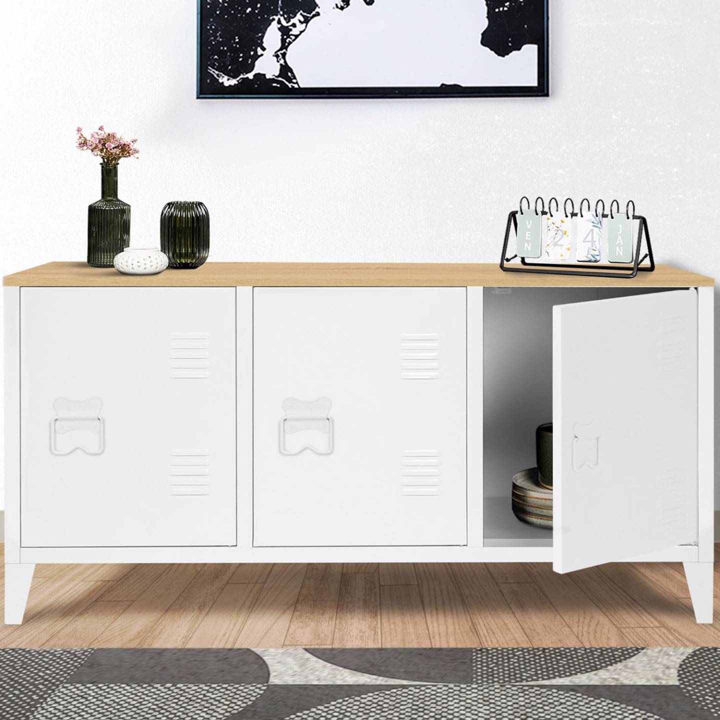 Buffet bas 113 cm ESTER 3 portes métal blanc plateau bois design industriel - Image 4