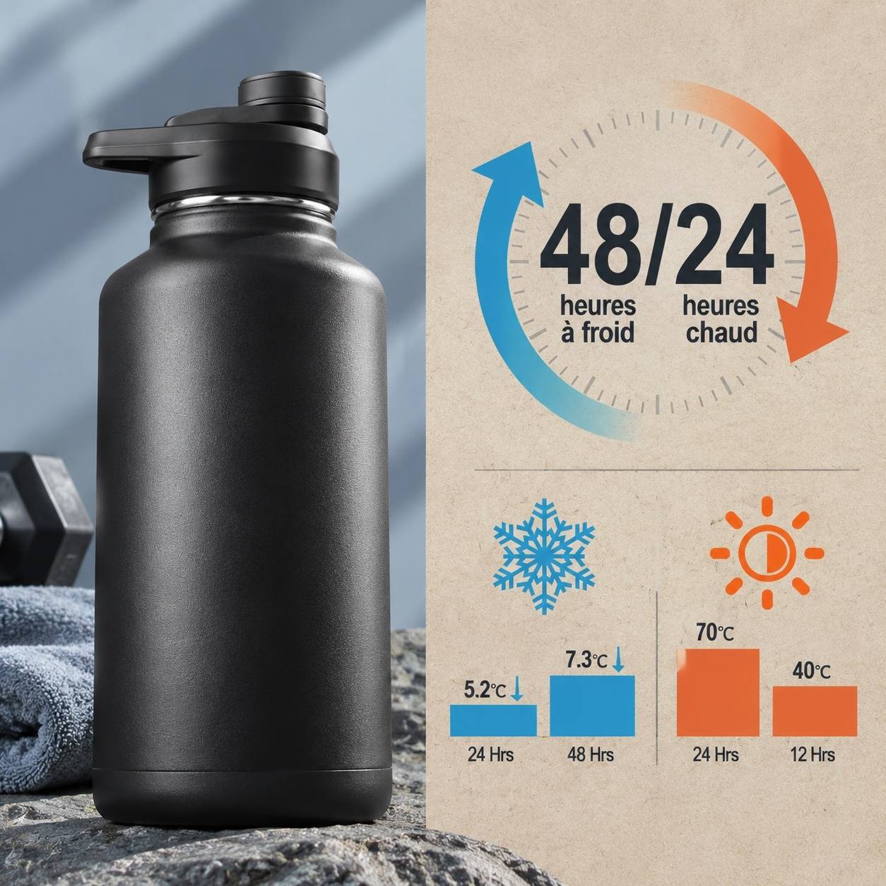 Bouteille Isotherme Acier Inoxydable 2L 24h Chaud 48h Froid 3 Couvercles Anti-fuite Écologique - Image 2