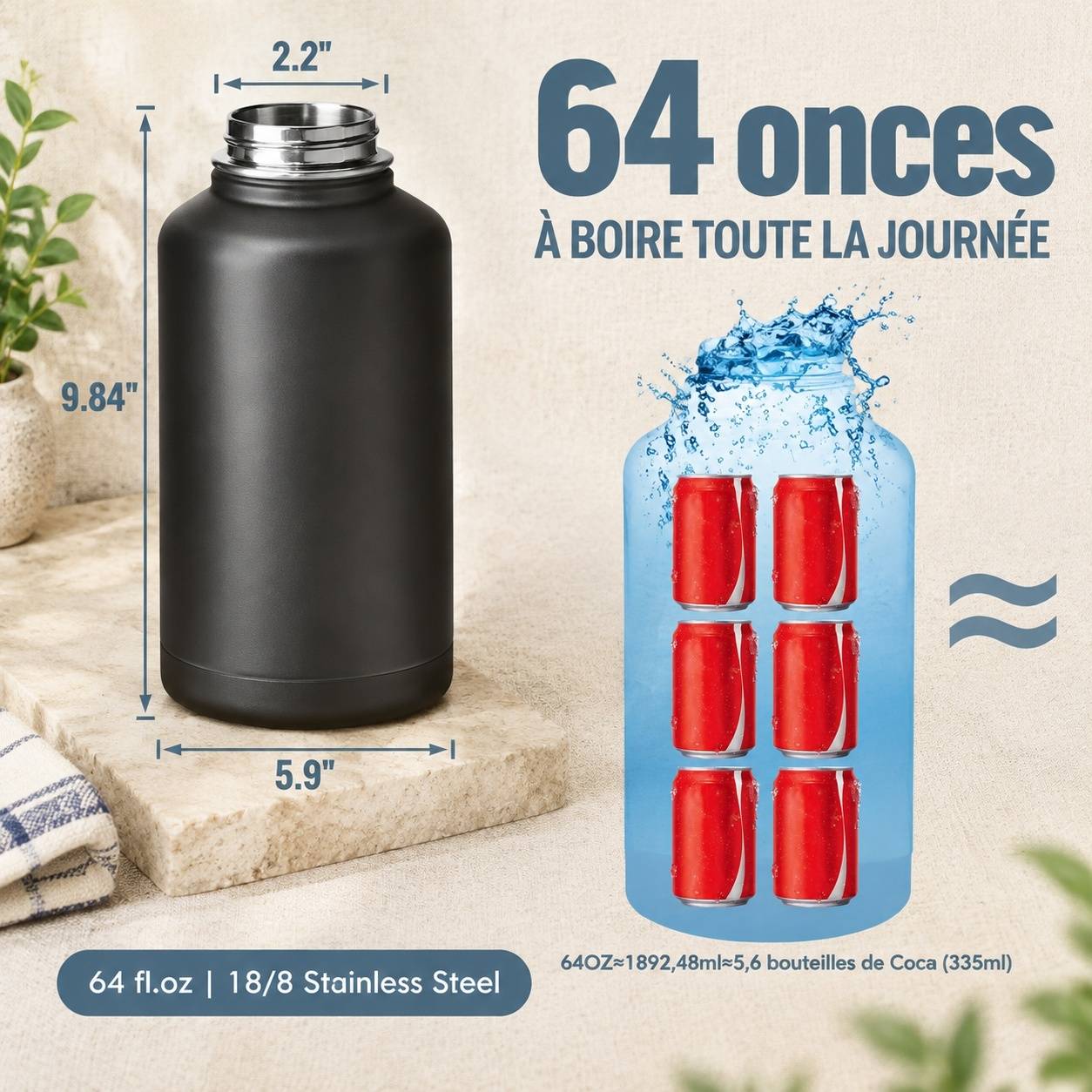 Bouteille Isotherme Acier Inoxydable 2L 24h Chaud 48h Froid 3 Couvercles Anti-fuite Écologique - Image 6