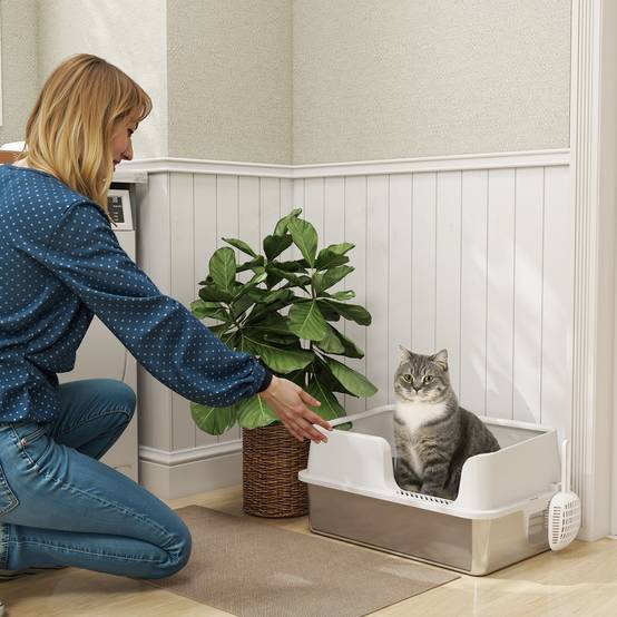 Bac litière chat acier inox PP bords hauts grand espace anti-odeur 60x40x28cm gris - ComfortXL Outdoor Living - Image 3