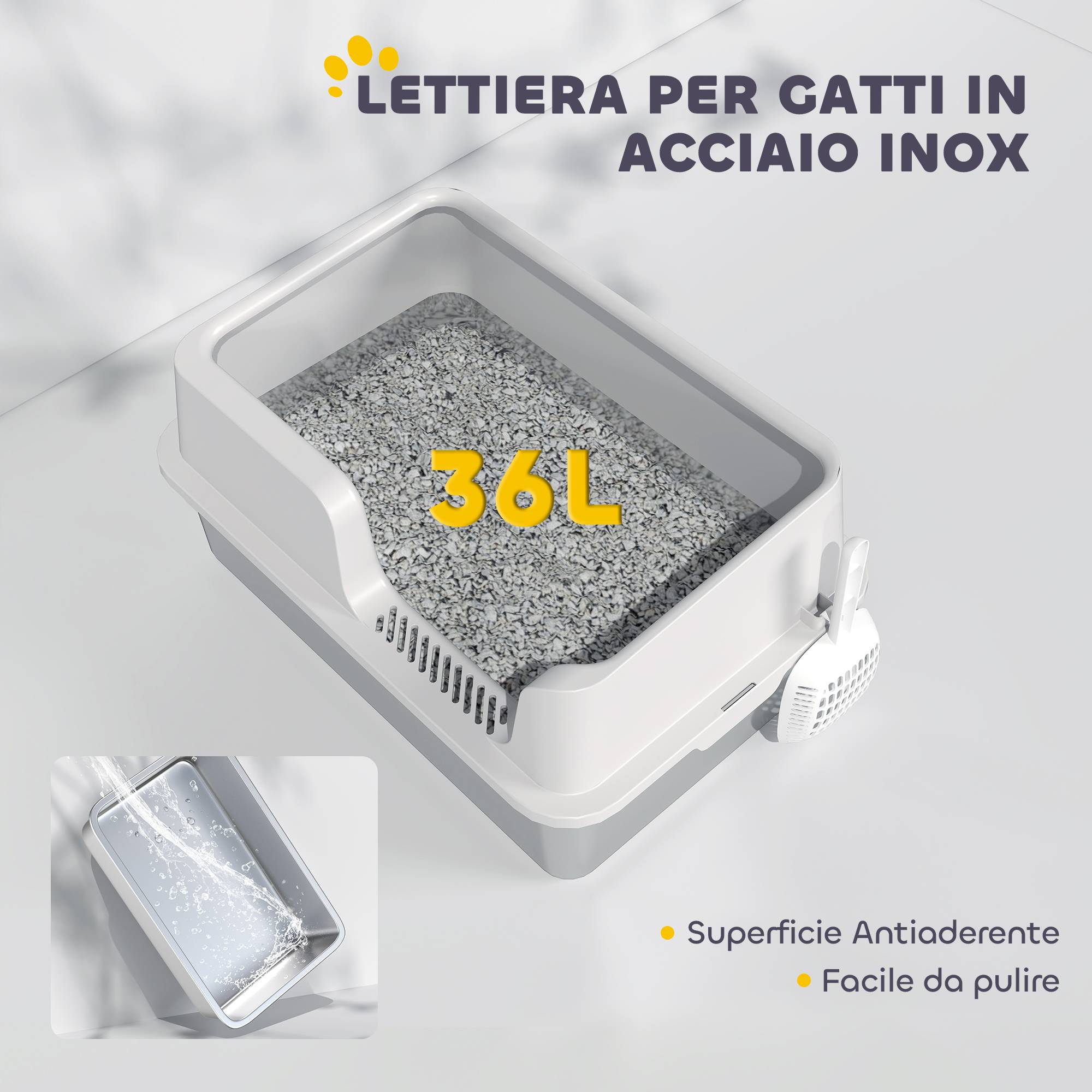 Bac litière chat acier inox PP bords hauts grand espace anti-odeur 60x40x28cm gris - ComfortXL Outdoor Living - Image 7