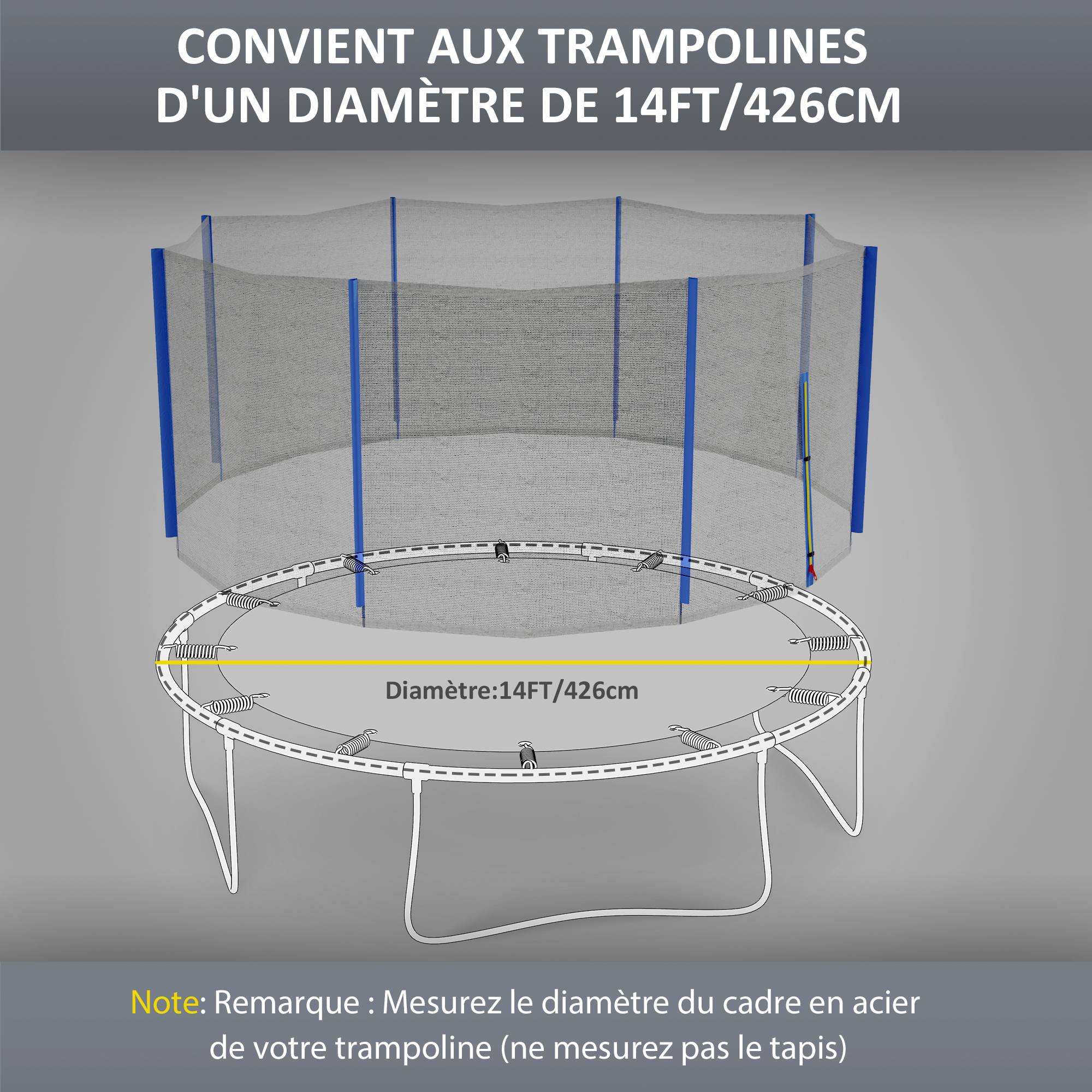 Sportnow - Filet de sécurité trampoline porte zipée Ø 426 cm 8 poteaux bleu noir - SPORTNOW - Imagen 3