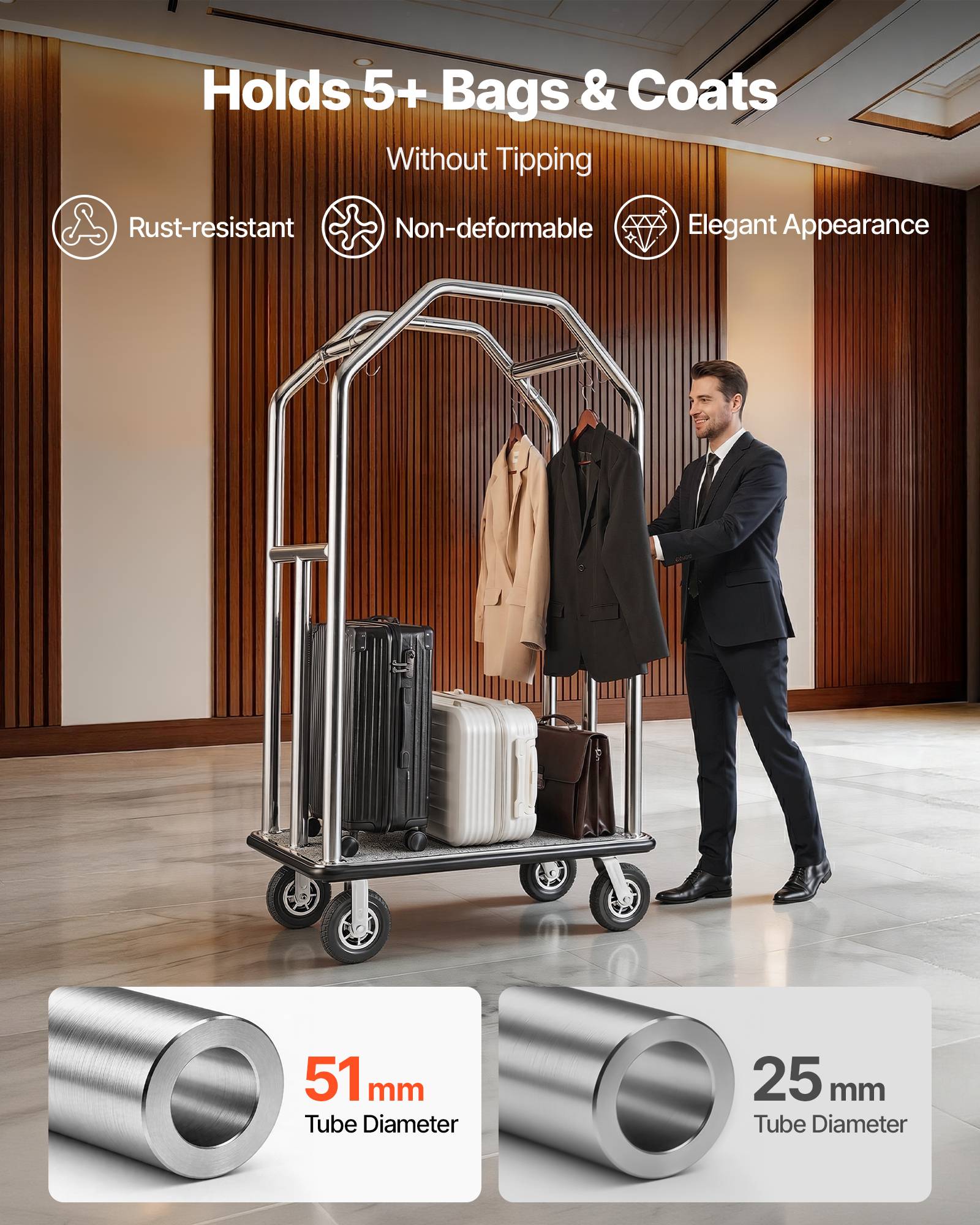 VEVOR Chariot à Bagages d'Hôtel Porte-Bagages 680,39 kg Barres Suspension Argent - Image 5