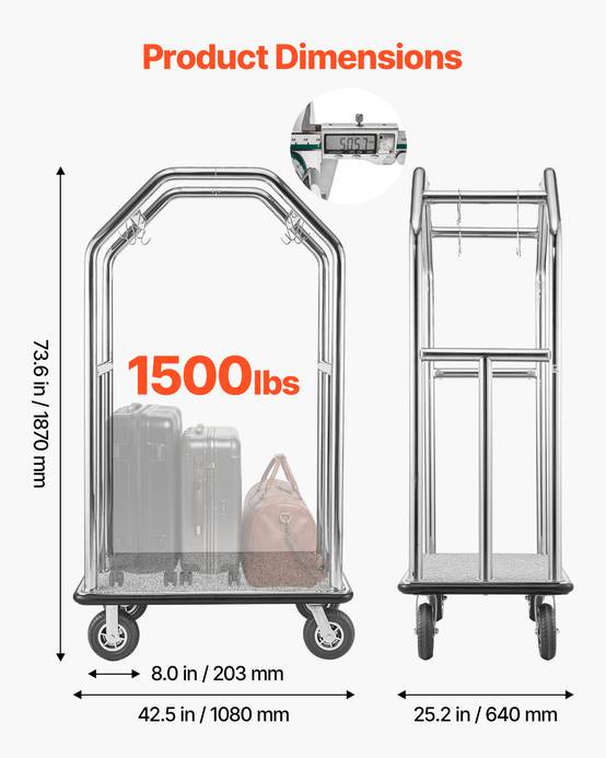 VEVOR Chariot à Bagages d'Hôtel Porte-Bagages 680,39 kg Barres Suspension Argent - Image 3