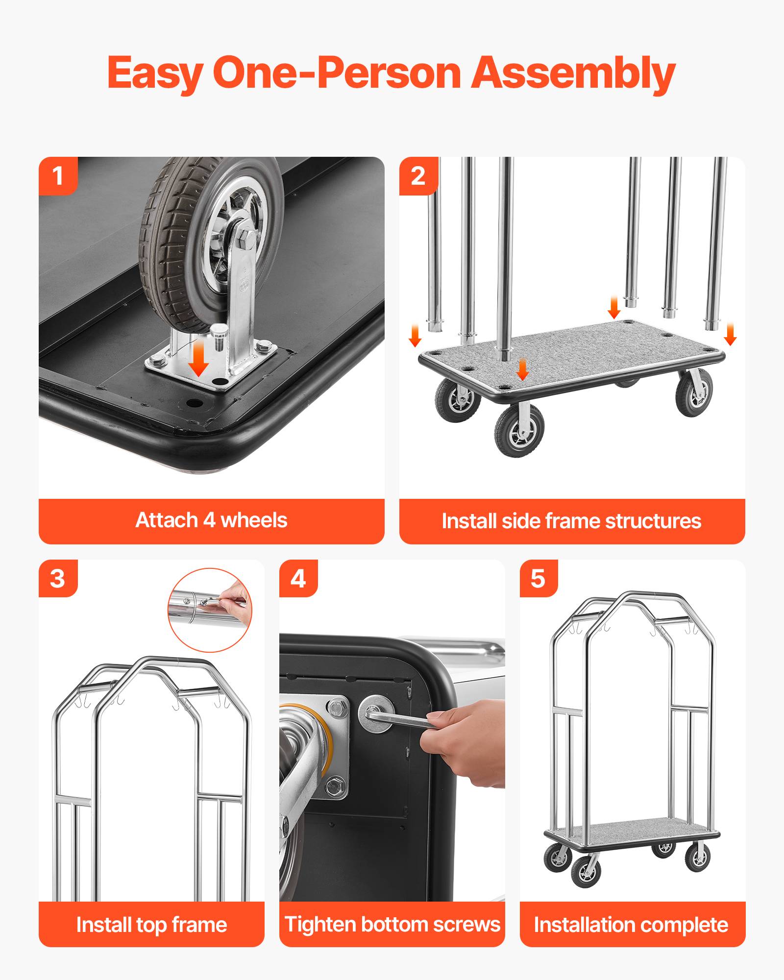 VEVOR Chariot à Bagages d'Hôtel Porte-Bagages 680,39 kg Barres Suspension Argent - Image 7