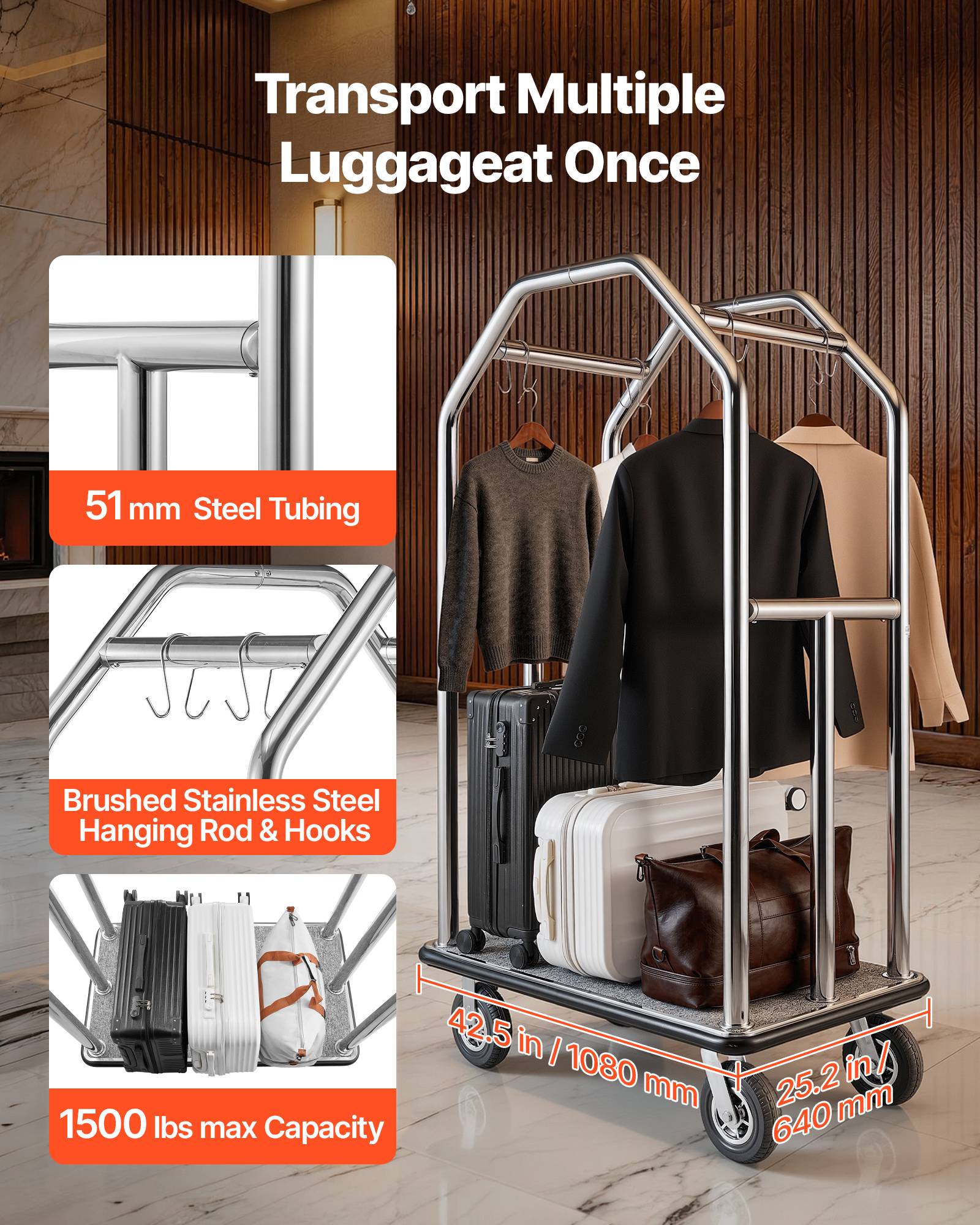 VEVOR Chariot à Bagages d'Hôtel Porte-Bagages 680,39 kg Barres Suspension Argent - Image 2