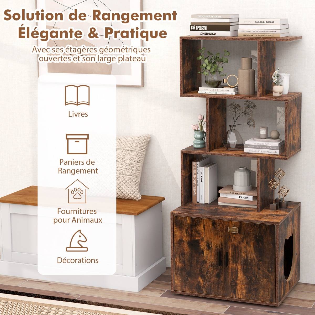 Maison Chic - Meuble pour Bac à Litière pour Chat 142 cm de Haut Meuble 2 en 1 pour Chat 3 Etagères Ouvertes Entrée Latérale Portes Marron Rustique - Image 9