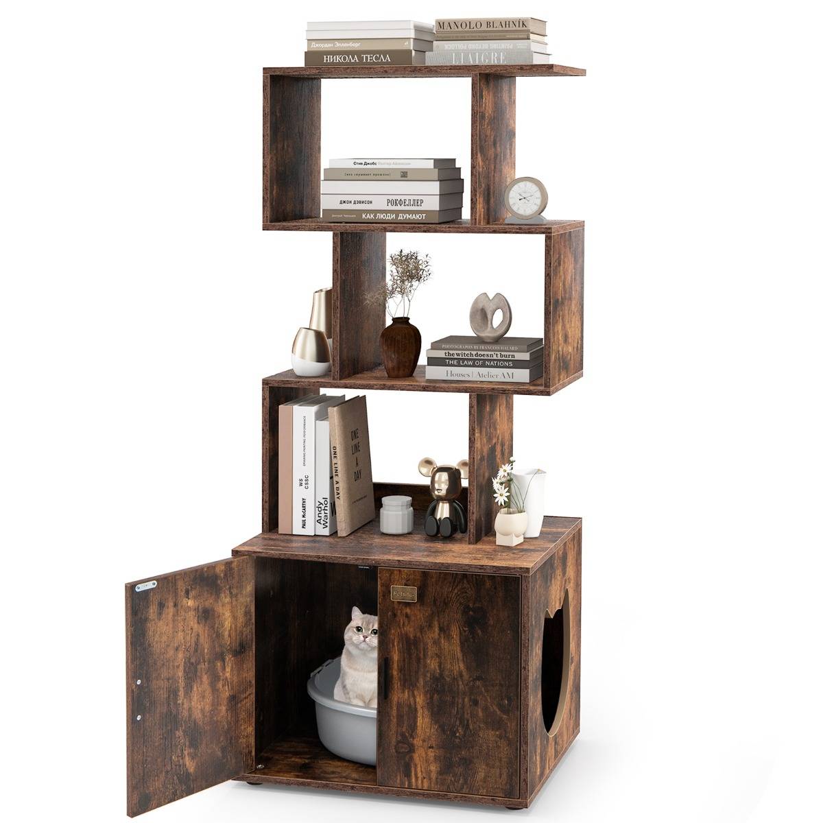 Maison Chic - Meuble pour Bac à Litière pour Chat 142 cm de Haut Meuble 2 en 1 pour Chat 3 Etagères Ouvertes Entrée Latérale Portes Marron Rustique - Image 1
