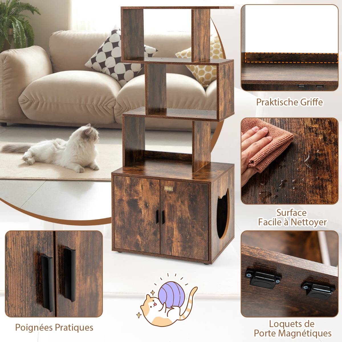 Maison Chic - Meuble pour Bac à Litière pour Chat 142 cm de Haut Meuble 2 en 1 pour Chat 3 Etagères Ouvertes Entrée Latérale Portes Marron Rustique - Image 6