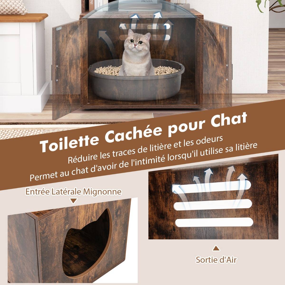 Maison Chic - Meuble pour Bac à Litière pour Chat 142 cm de Haut Meuble 2 en 1 pour Chat 3 Etagères Ouvertes Entrée Latérale Portes Marron Rustique - Image 8