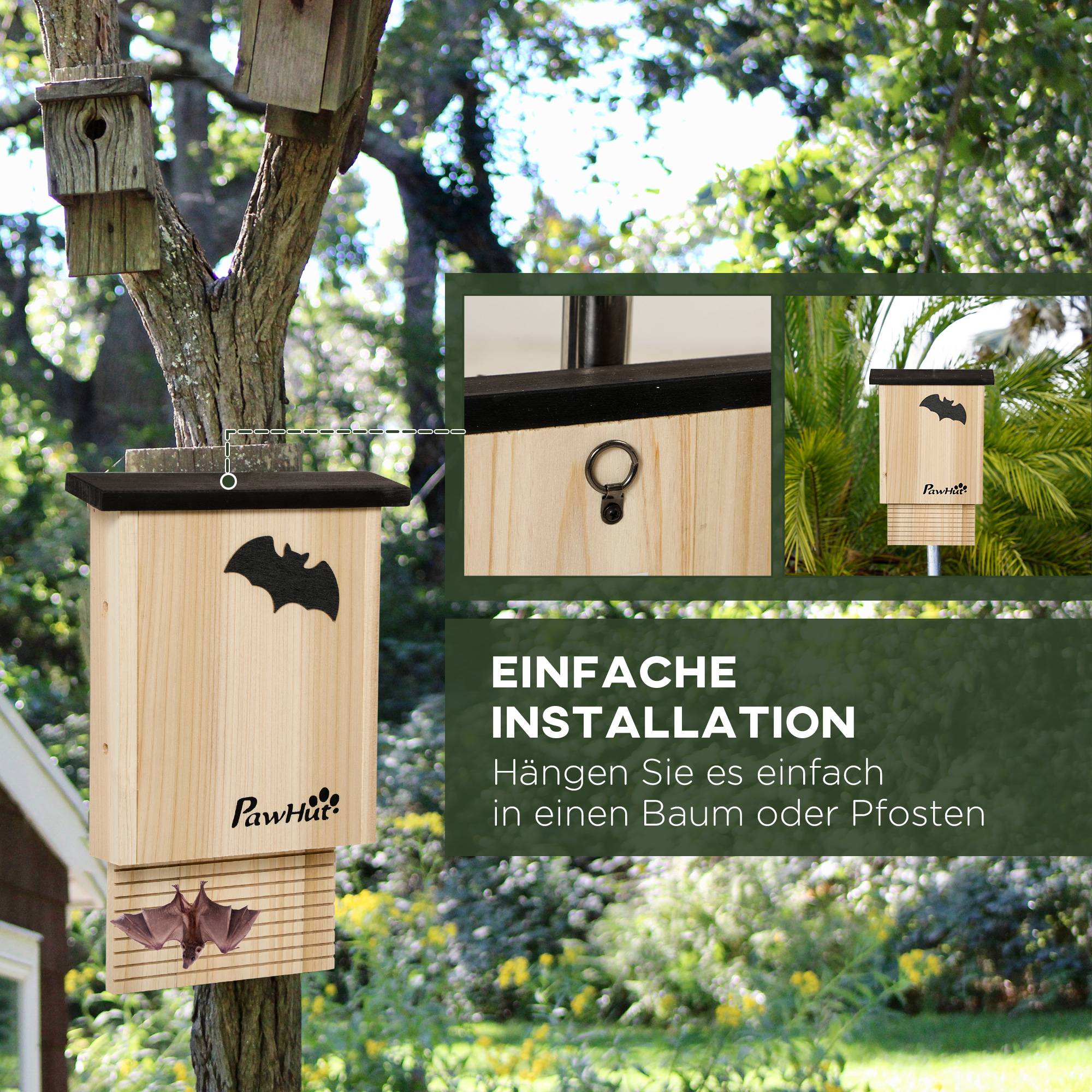 Nichoir à chauves-souris lot de 3 bois de sapin naturel et noir 25 x 6 x 37.5 cm - PANGIVO - Image 8