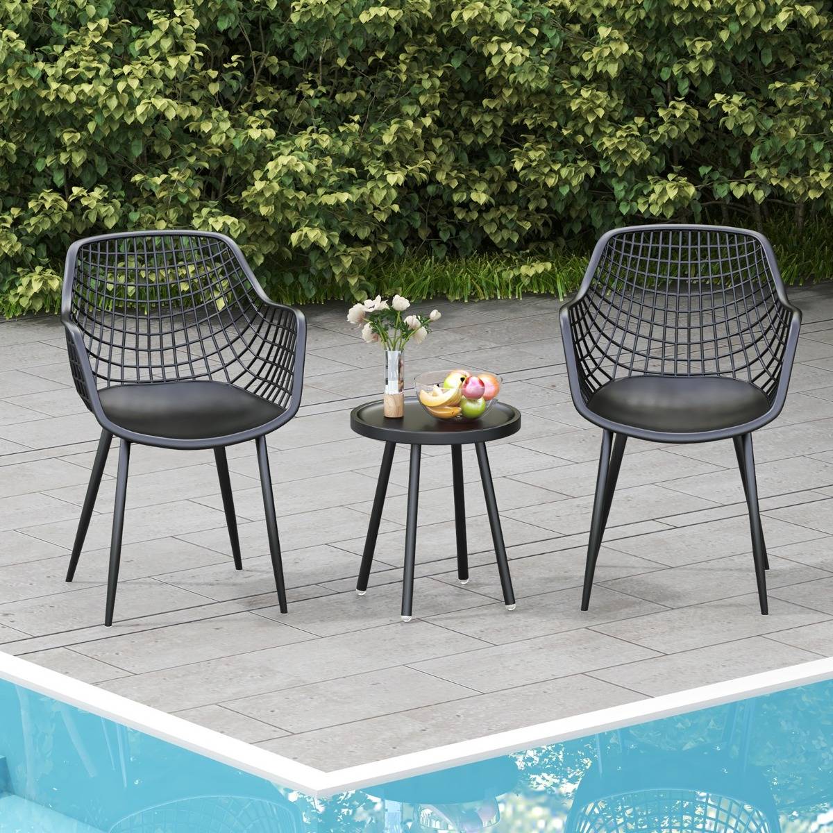 Ensemble de Meubles 3 Pièces de Patio Charge 130KG Salon de Jardin 2 Fauteuils Table Basse Ronde Support en Métal Noir - Image 2