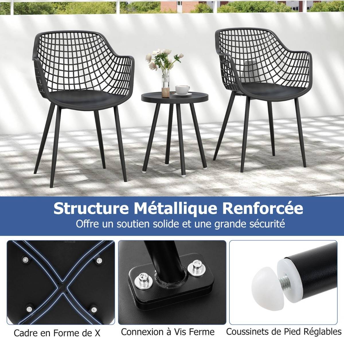 Ensemble de Meubles 3 Pièces de Patio Charge 130KG Salon de Jardin 2 Fauteuils Table Basse Ronde Support en Métal Noir - Image 4