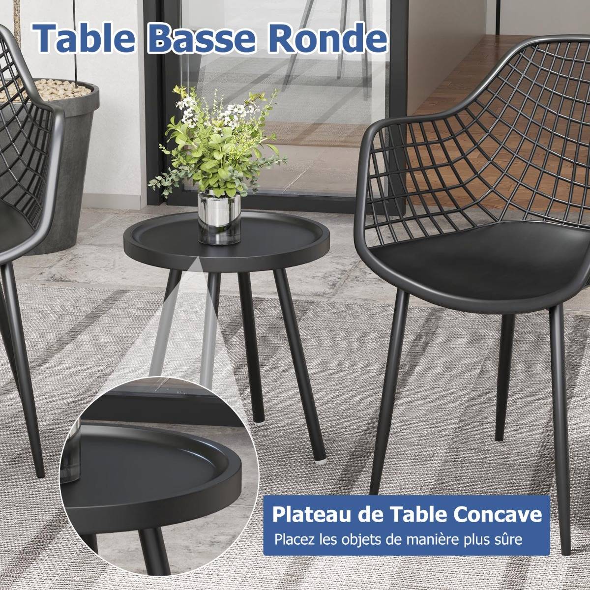 Ensemble de Meubles 3 Pièces de Patio Charge 130KG Salon de Jardin 2 Fauteuils Table Basse Ronde Support en Métal Noir - Image 6