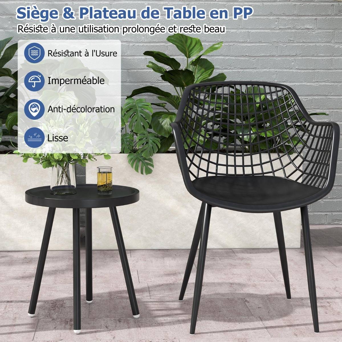 Ensemble de Meubles 3 Pièces de Patio Charge 130KG Salon de Jardin 2 Fauteuils Table Basse Ronde Support en Métal Noir - Image 7