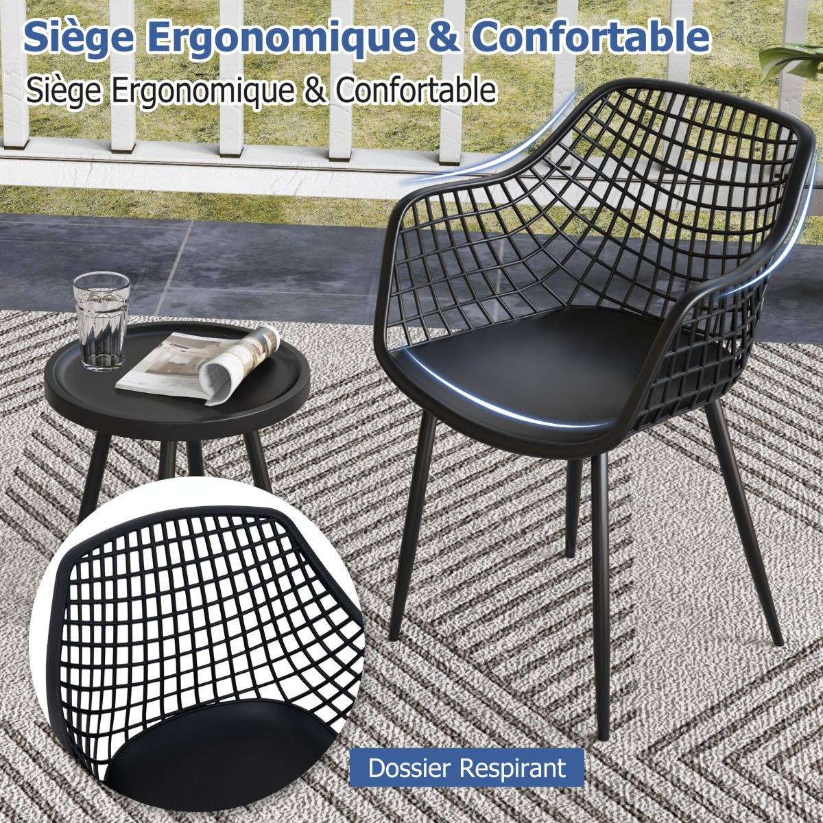 Ensemble de Meubles 3 Pièces de Patio Charge 130KG Salon de Jardin 2 Fauteuils Table Basse Ronde Support en Métal Noir - Image 5