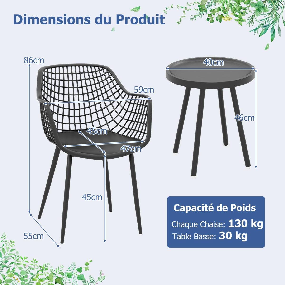 Ensemble de Meubles 3 Pièces de Patio Charge 130KG Salon de Jardin 2 Fauteuils Table Basse Ronde Support en Métal Noir - Image 8