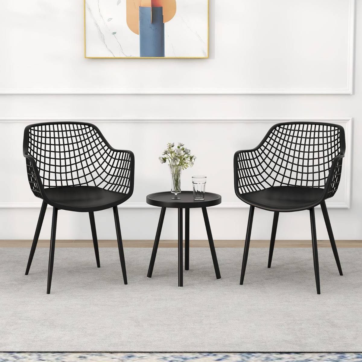 Ensemble de Meubles 3 Pièces de Patio Charge 130KG Salon de Jardin 2 Fauteuils Table Basse Ronde Support en Métal Noir - Image 3