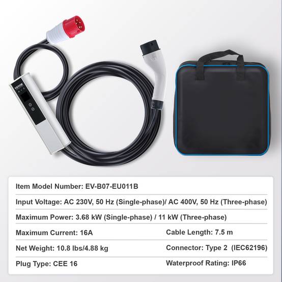 Vevor - VEVOR Chargeur EV portable Type 2 IEC6219, 16A 3,68 kW mono/11 kW tri, câble 7,5 m, LCD IP66. - Image 7