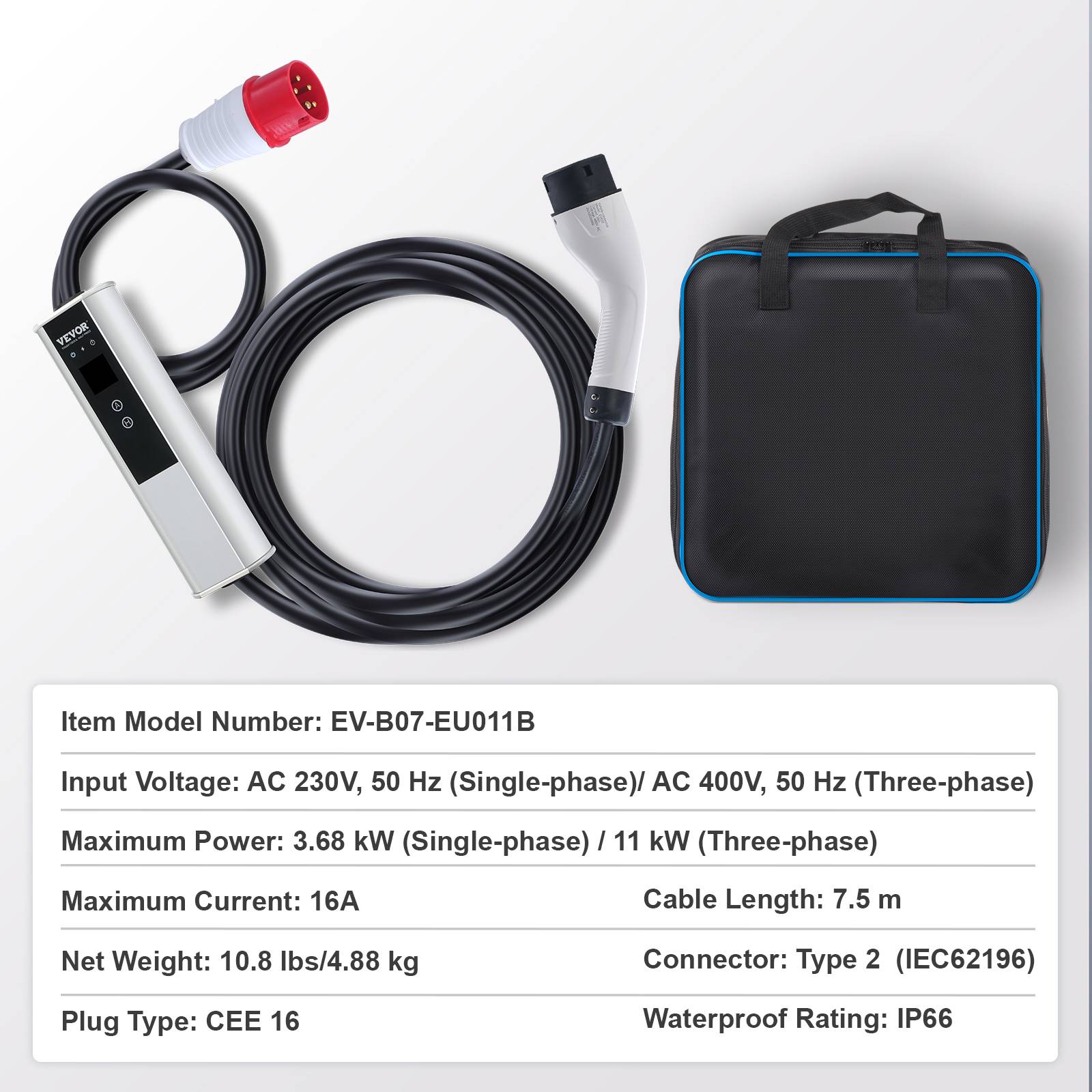Vevor - VEVOR Chargeur EV portable Type 2 IEC6219, 16A 3,68 kW mono/11 kW tri, câble 7,5 m, LCD IP66. - Image 7