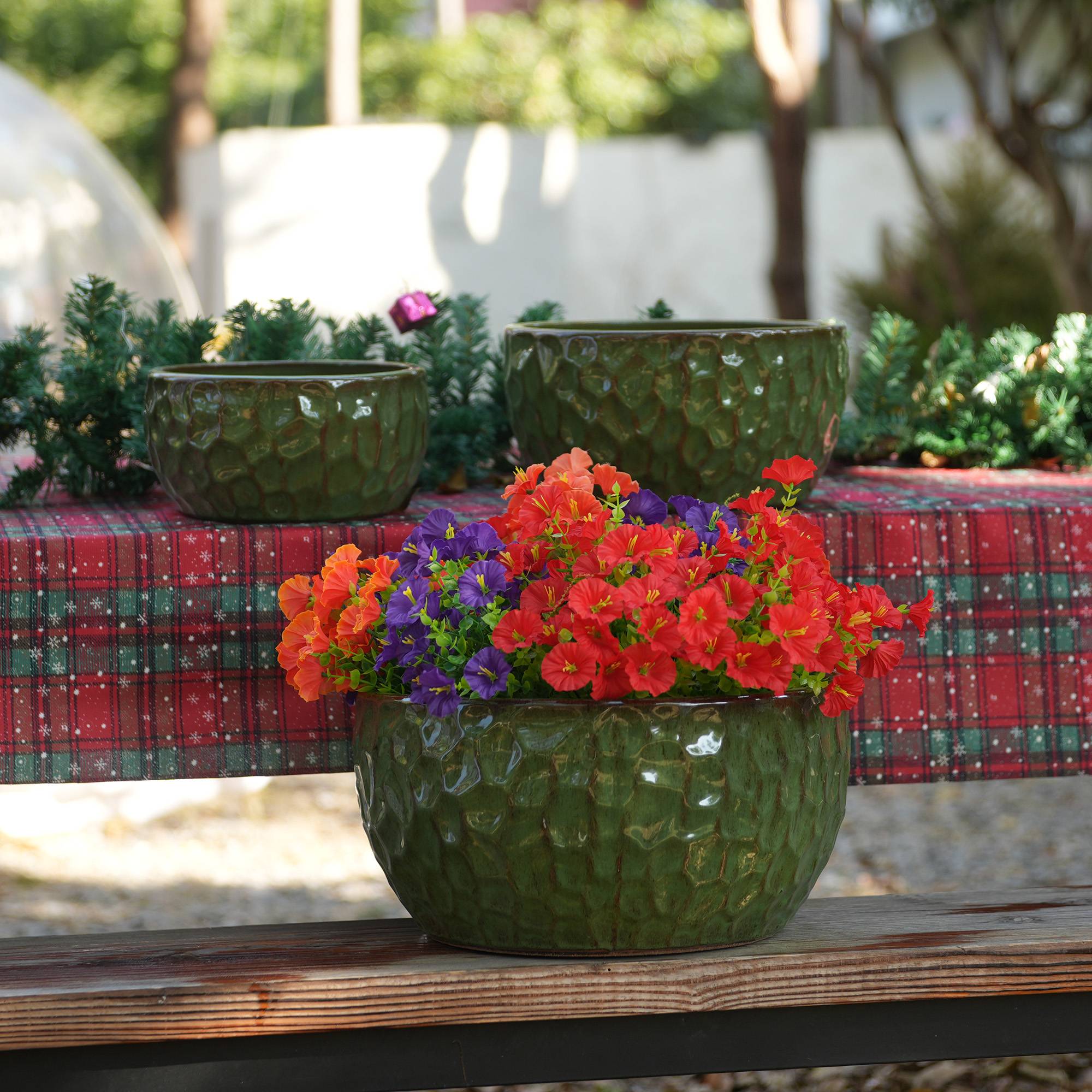 Ensemble de 3 pots de fleurs en céramique émaillée, vert antique, Ø 38,1/30,5/25,4 cm - PANGIVO