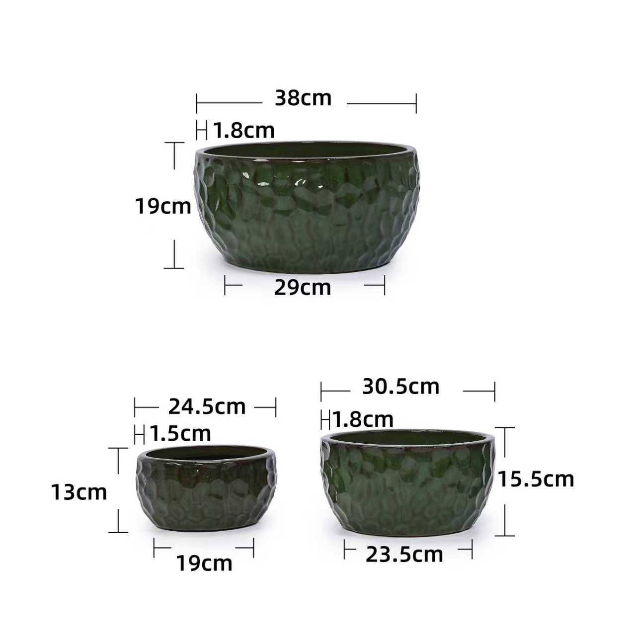 Ensemble de 3 pots de fleurs en céramique émaillée, vert antique, Ø 38,1/30,5/25,4 cm - PANGIVO - Image 8