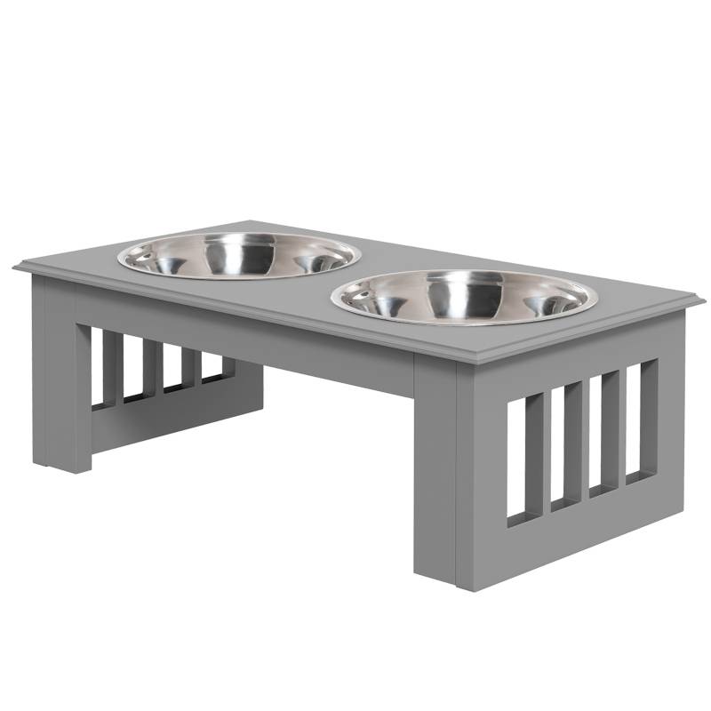 Support de gamelles surélevé intérieur 44 x 24 x 15 cm bois MDF acier inoxydable gris - PANGIVO - Image 1