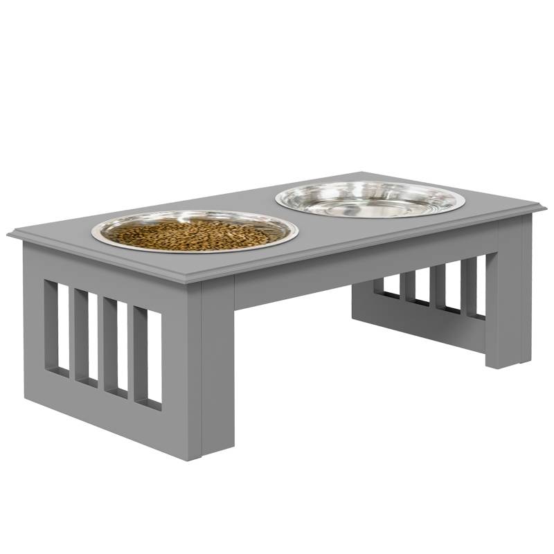 Support de gamelles surélevé intérieur 44 x 24 x 15 cm bois MDF acier inoxydable gris - PANGIVO - Image 6
