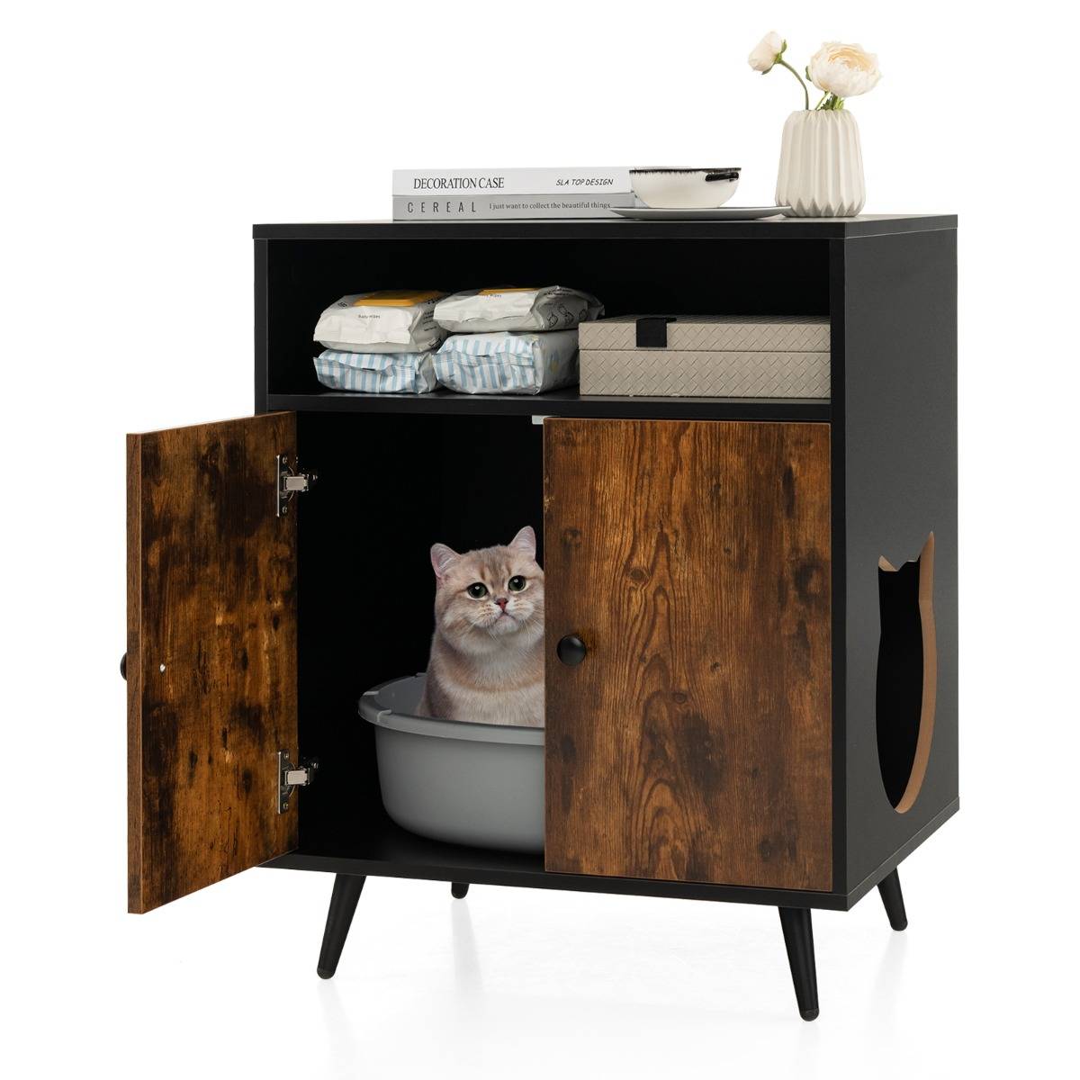 Maison de Toilette pour Chat à Double Portes 60x45x75 CM Meuble/Bac à Litière 2 Niveaux avec Dispositif Anti-basculement - Image 1