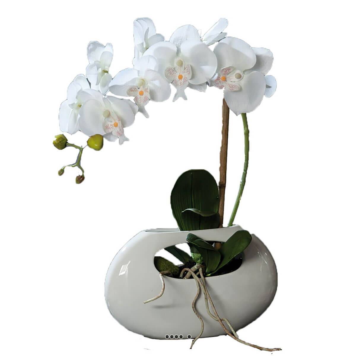 Artificielles - Orchidee artificielle crème 1 hampe pot Ceramique Blanc oval H 43 cm - couleur: Crème