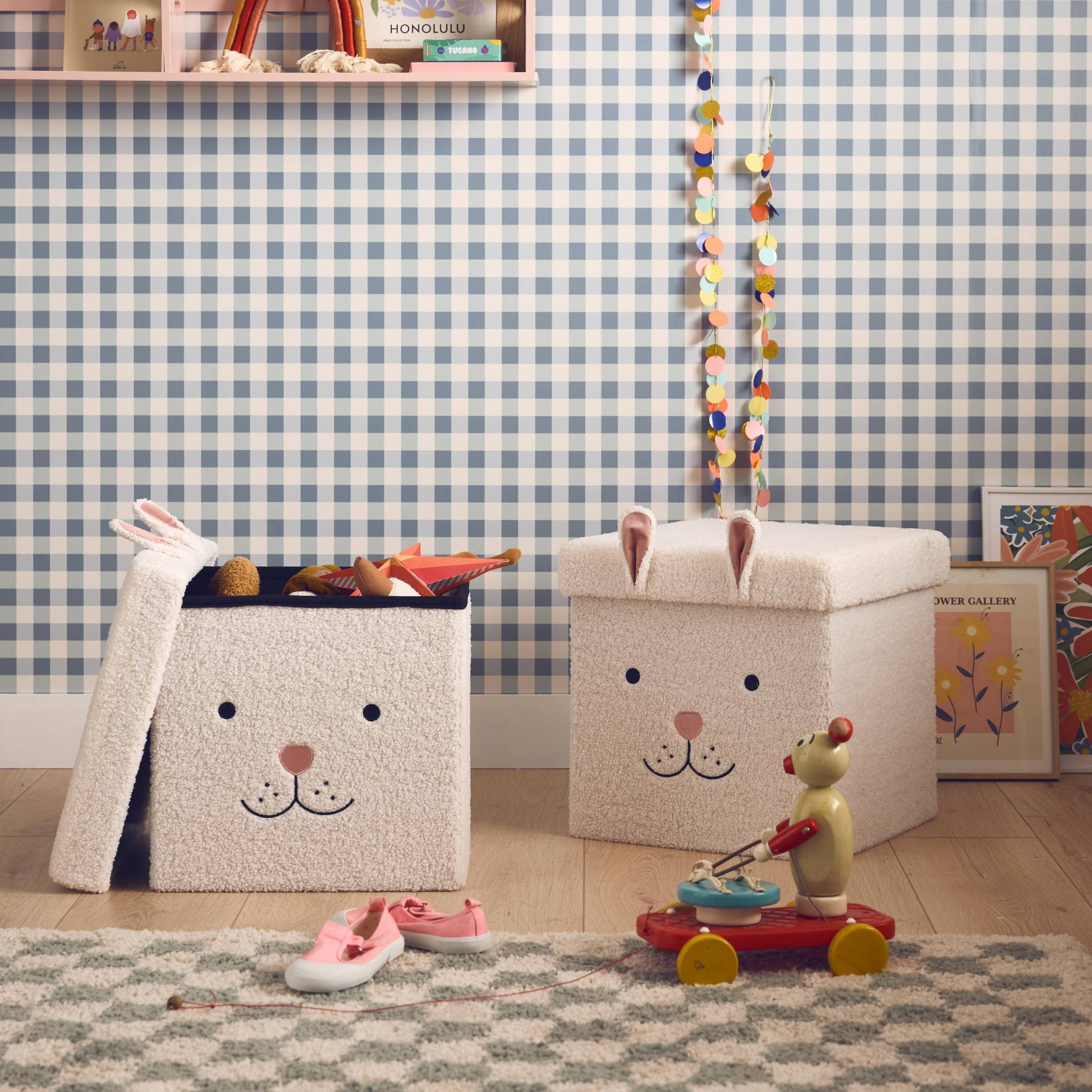 Lot de 2 tabourets-coffre pliables en bouclette forme de lapin pour enfant - Image 2