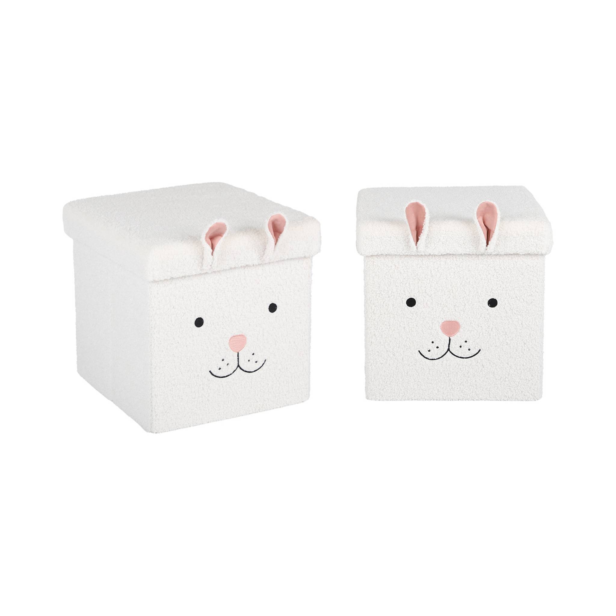 Lot de 2 tabourets-coffre pliables en bouclette forme de lapin pour enfant - Image 1